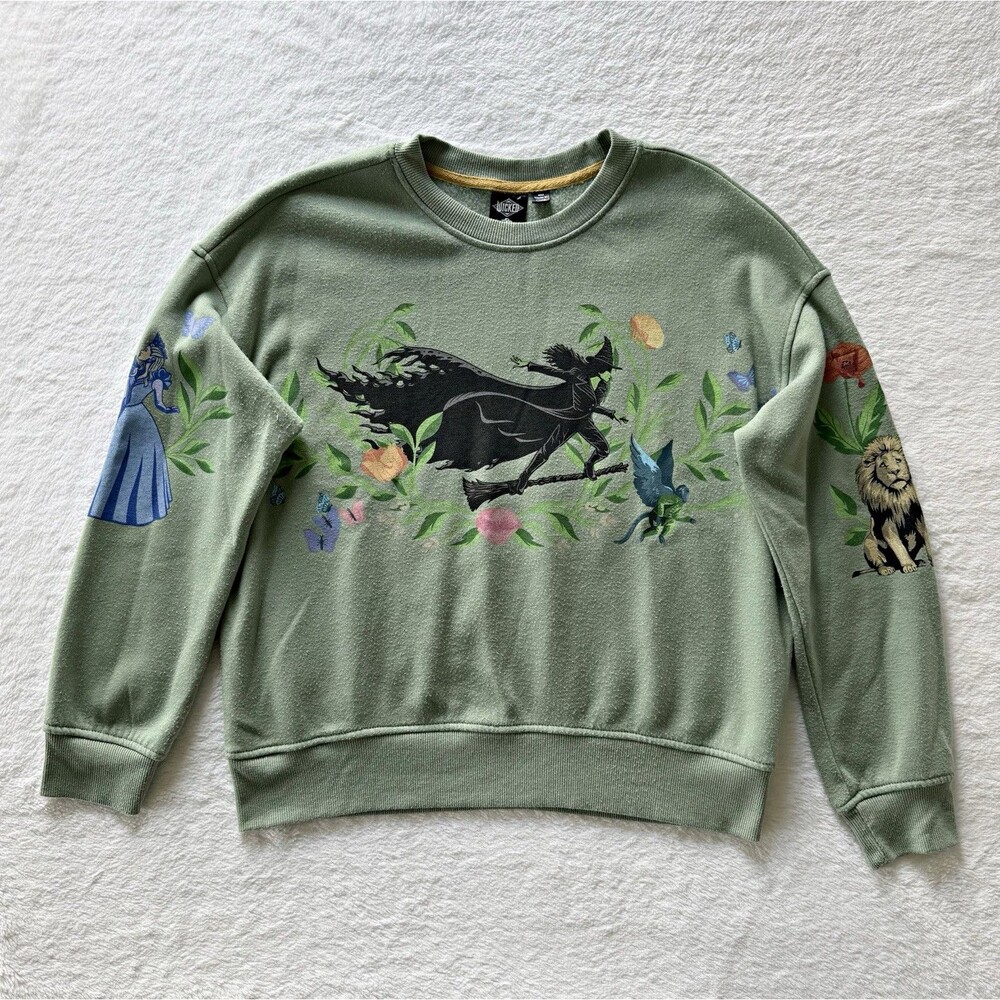 Wicked Elphaba Glinda Womenโs Sage Green Fleece Crewneck Sweatshirt Small